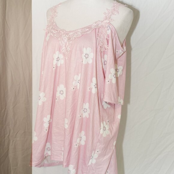 Womens 2XL Pink Floral Top Cold Shoulder Lace Lightweight EUC Off the Shoulder - Picture 1 of 8